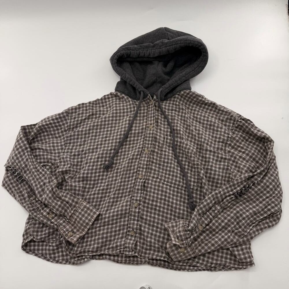 American Eagle Brown Plaid Hooded Shirt Distressed Elbows Women’s XL